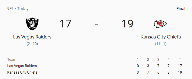chiefs vs raiders match score live update